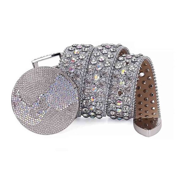 Globe Style World Buckle Silver White Strap With White  Multi Studded Rhinestone - Picture 5 of 5